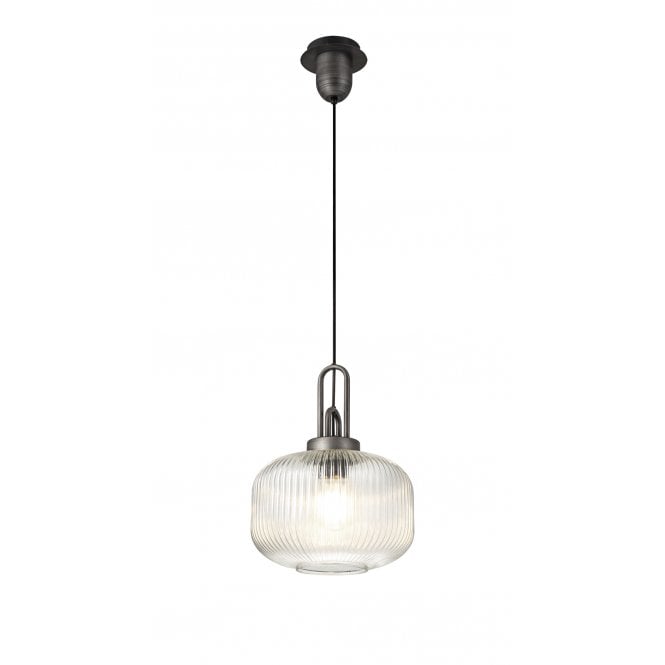 Fabula Fabula Springfield Single Pendant - 30cm Pumpkin Shaped Ribbed Glass Shade - Aged Pewter & Clear Glass