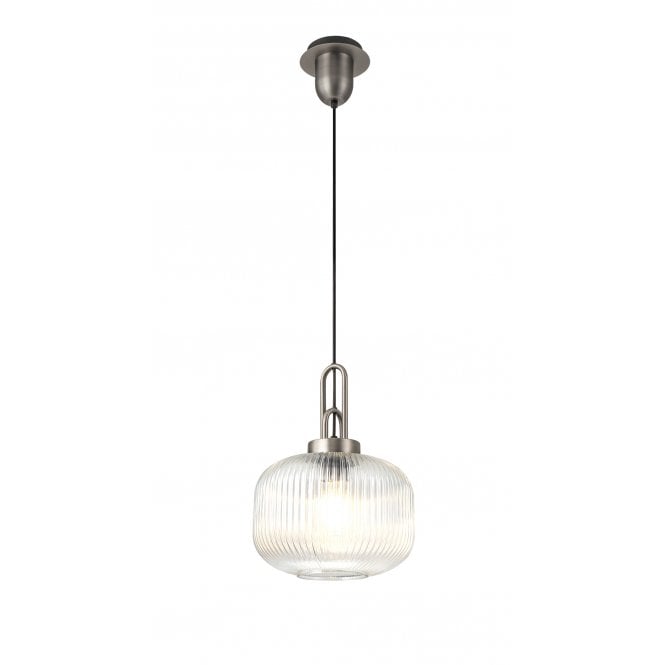 Fabula Fabula Springfield Single Pendant - 30cm Pumpkin Shaped Ribbed Glass Shade - Antique Silver & Clear Glass