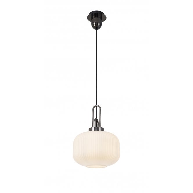 Fabula Fabula Springfield Single Pendant - 30cm Pumpkin Shaped Ribbed Glass Shade - Black Chrome & Opal Glass