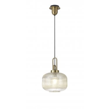 Springfield Single Pendant - 30cm Pumpkin Shaped Ribbed Glass Shade - Brass Gold & Champagne Glass