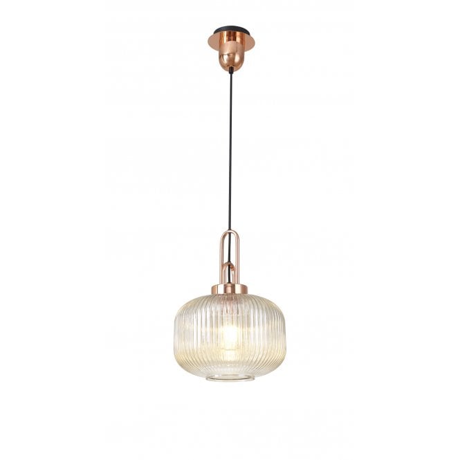 Fabula Fabula Springfield Single Pendant - 30cm Pumpkin Shaped Ribbed Glass Shade - Copper & Champagne Glass