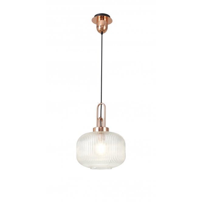 Fabula Fabula Springfield Single Pendant - 30cm Pumpkin Shaped Ribbed Glass Shade - Copper & Clear Glass