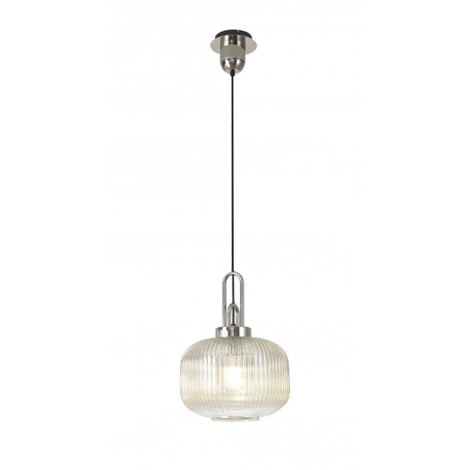 Fabula Fabula Springfield Single Pendant - 30cm Pumpkin Shaped Ribbed Glass Shade - Polished Nickel & Champagne Glass