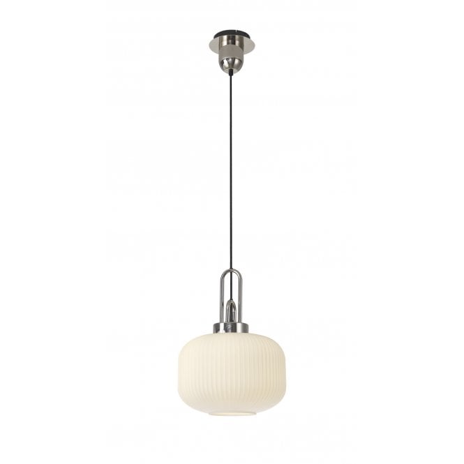 Fabula Fabula Springfield Single Pendant - 30cm Pumpkin Shaped Ribbed Glass Shade - Polished Nickel & Opal Glass