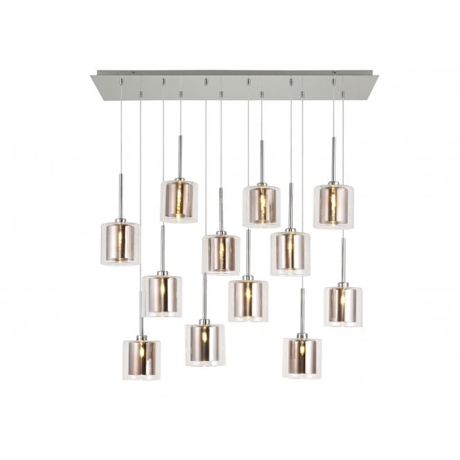 Fabula Fabula Tamworth 12 Light Linear Pendant - Medium Cylinder Shades with Clear Outer Glass - Polished Chrome, Copper & Clear Glass