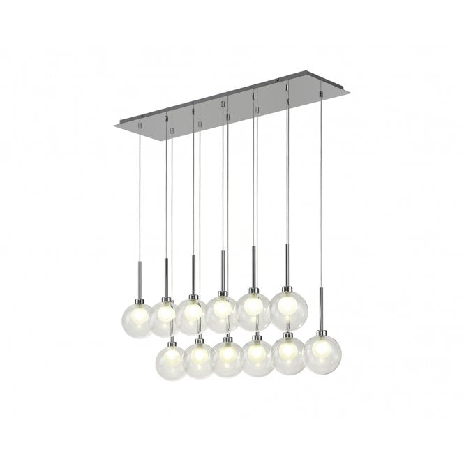 Fabula Fabula Tamworth 12 Light Linear Pendant - Round Shades with Inner Frosted Globes - Polished Chrome, Clear & Frosted Glass