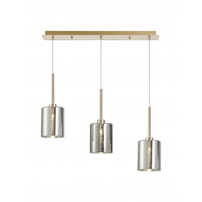 Fabula Fabula Tamworth 3 Light Linear Pendant - Medium Cylinder Shades - French Gold & Chrome Lined Glass