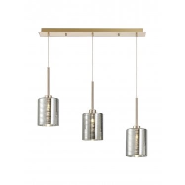 Tamworth 3 Light Linear Pendant - Medium Cylinder Shades - French Gold & Chrome Lined Glass