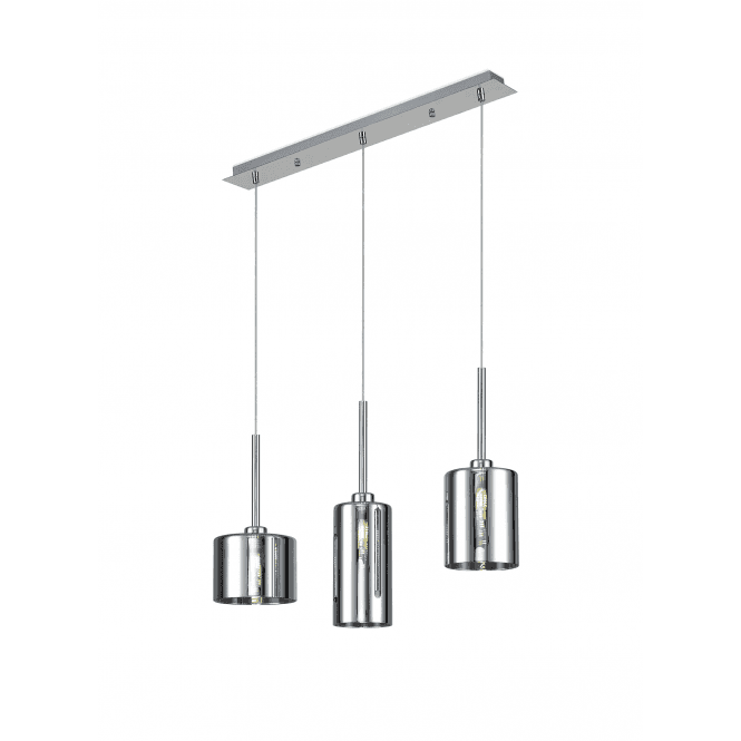 Fabula Fabula Tamworth 3 Light Linear Pendant - Mixed Cylinder Shades - Polished Chrome & Chrome Glass