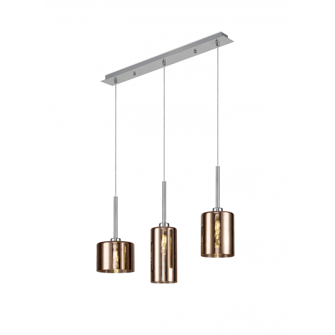 Fabula Fabula Tamworth 3 Light Linear Pendant - Mixed Cylinder Shades - Polished Chrome & Copper Glass