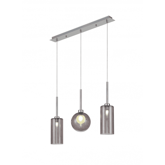 Fabula Fabula Tamworth 3 Light Linear Pendant - Mixed Shades A - Polished Chrome, Smoked & Frosted Glass