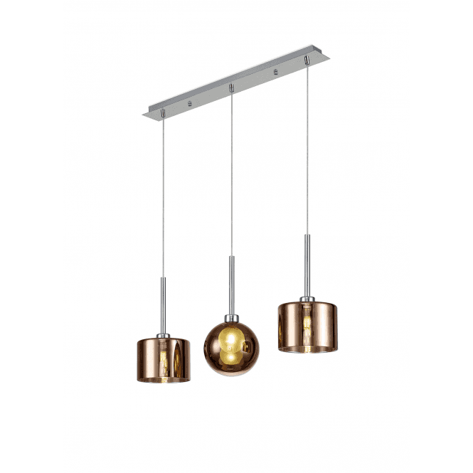 Fabula Fabula Tamworth 3 Light Linear Pendant - Mixed Shades C - Polished Chrome, Copper & Frosted Glass