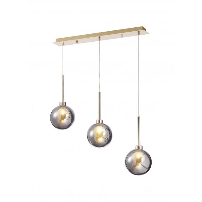 Fabula Fabula Tamworth 3 Light Linear Pendant - Round Shades with Inner Frosted Globes - French Gold, Chrome & Frosted Glass