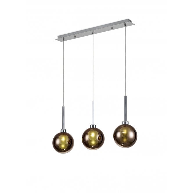 Fabula Fabula Tamworth 3 Light Linear Pendant - Round Shades with Inner Frosted Globes - Polished Chrome, Copper & Frosted Glass