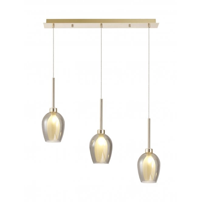 Fabula Fabula Tamworth 3 Light Linear Pendant - Wine Glass Shades with Inner Frosted Glass - French Gold, Smoked & Frosted Glass