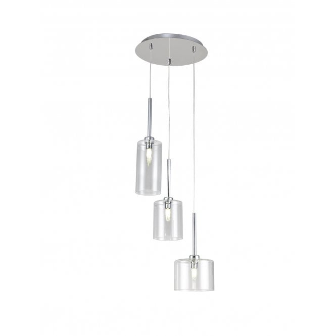 Fabula Fabula Tamworth 3 Light Round Pendant - Mixed Cylinder Shades - Polished Chrome & Clear Glass