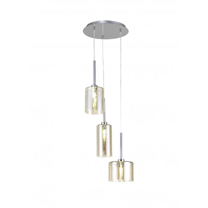 Fabula Fabula Tamworth 3 Light Round Pendant - Mixed Cylinder Shades - Polished Chrome & Cognac Glass