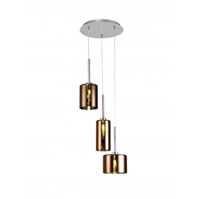 Fabula Fabula Tamworth 3 Light Round Pendant - Mixed Cylinder Shades - Polished Chrome & Copper Glass