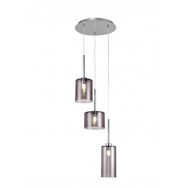 Tamworth 3 Light Round Pendant - Mixed Cylinder Shades - Polished Chrome & Smoked Glass