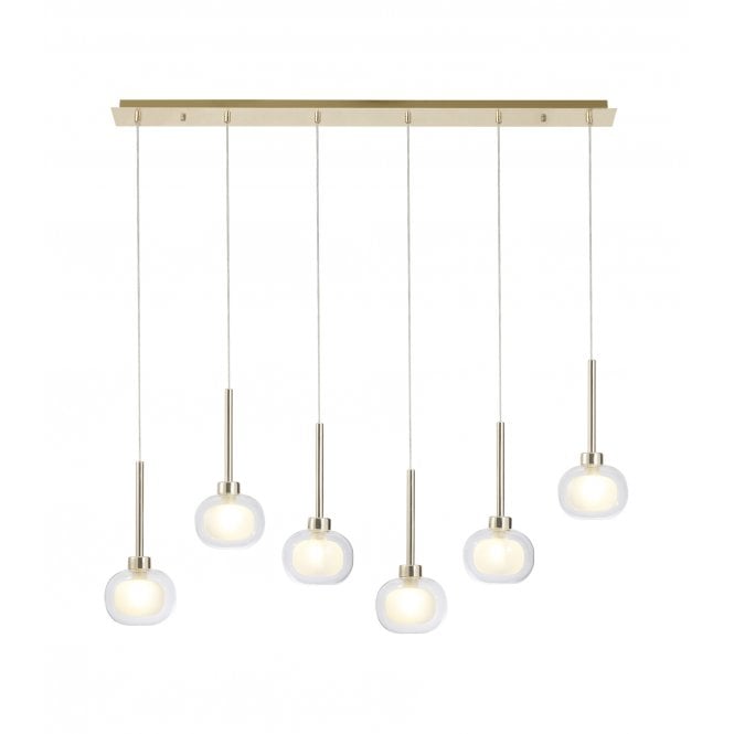 Fabula Fabula Tamworth 6 Light Linear Pendant - Flattened Round Shades with Inner Frosted Globes - French Gold, Clear & Frosted Glass