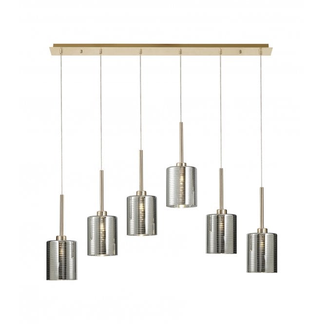 Fabula Fabula Tamworth 6 Light Linear Pendant - Medium Cylinder Shades - French Gold & Chrome Lined Glass