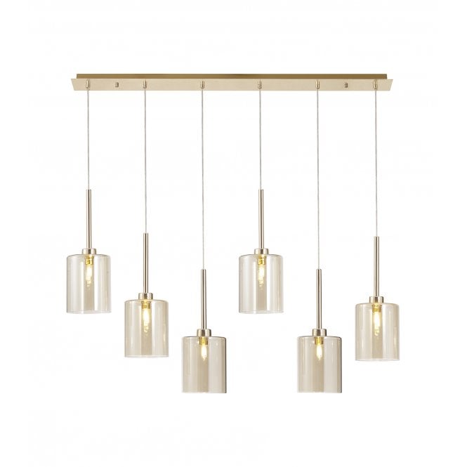 Fabula Fabula Tamworth 6 Light Linear Pendant - Medium Cylinder Shades - French Gold & Cognac Glass