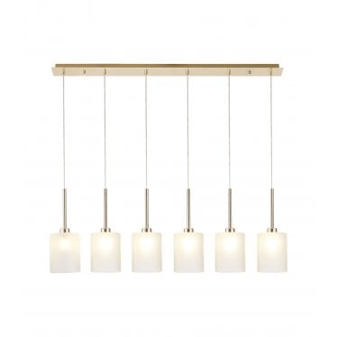 Tamworth 6 Light Linear Pendant - Medium Cylinder Shades - French Gold & Frosted Glass