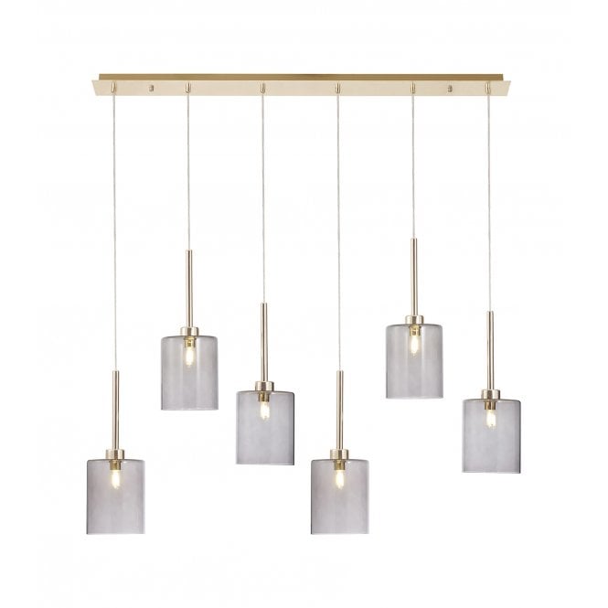 Fabula Fabula Tamworth 6 Light Linear Pendant - Medium Cylinder Shades - French Gold & Smoked Glass