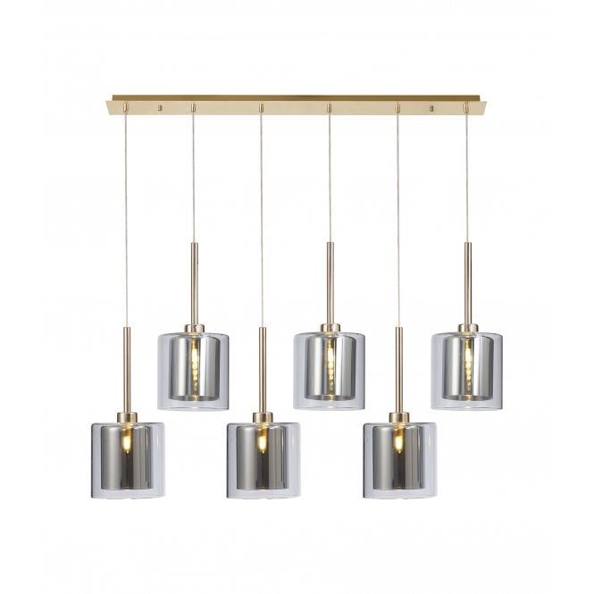 Fabula Fabula Tamworth 6 Light Linear Pendant - Medium Cylinder Shades with Clear Outer Glass - French Gold, Chrome & Clear Glass