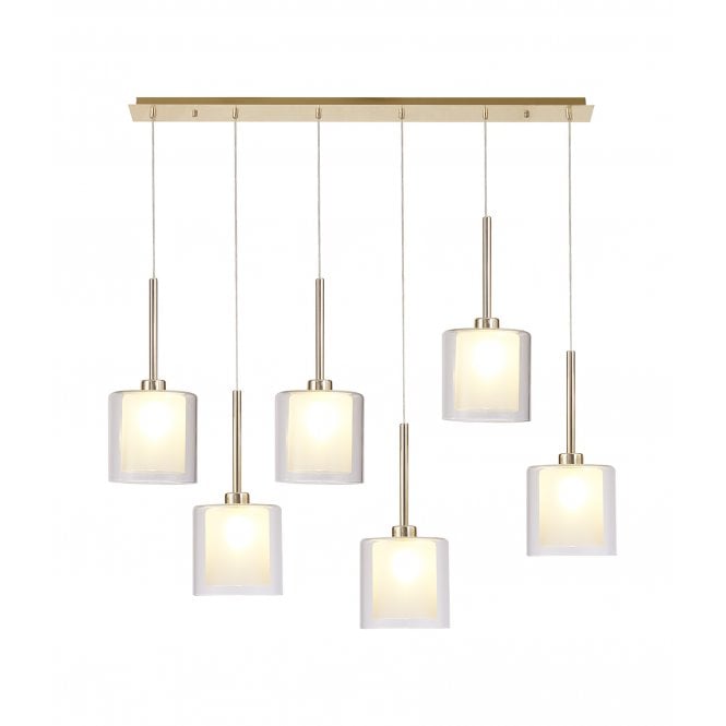 Fabula Fabula Tamworth 6 Light Linear Pendant - Medium Cylinder Shades with Clear Outer Glass - French Gold, Frosted & Clear Glass