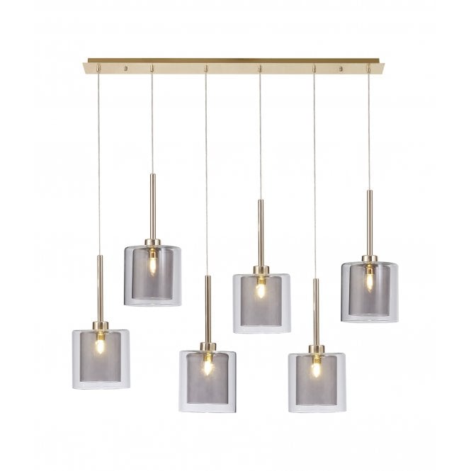 Fabula Fabula Tamworth 6 Light Linear Pendant - Medium Cylinder Shades with Clear Outer Glass - French Gold, Smoked & Clear Glass