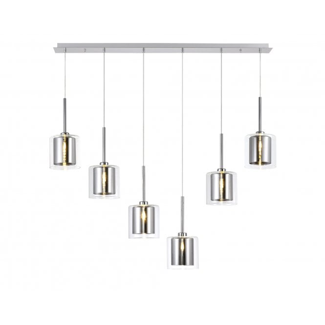 Fabula Fabula Tamworth 6 Light Linear Pendant - Medium Cylinder Shades with Clear Outer Glass - Polished Chrome, Chrome & Clear Glass