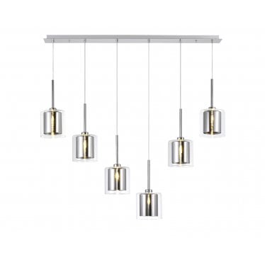 Tamworth 6 Light Linear Pendant - Medium Cylinder Shades with Clear Outer Glass - Polished Chrome, Chrome & Clear Glass