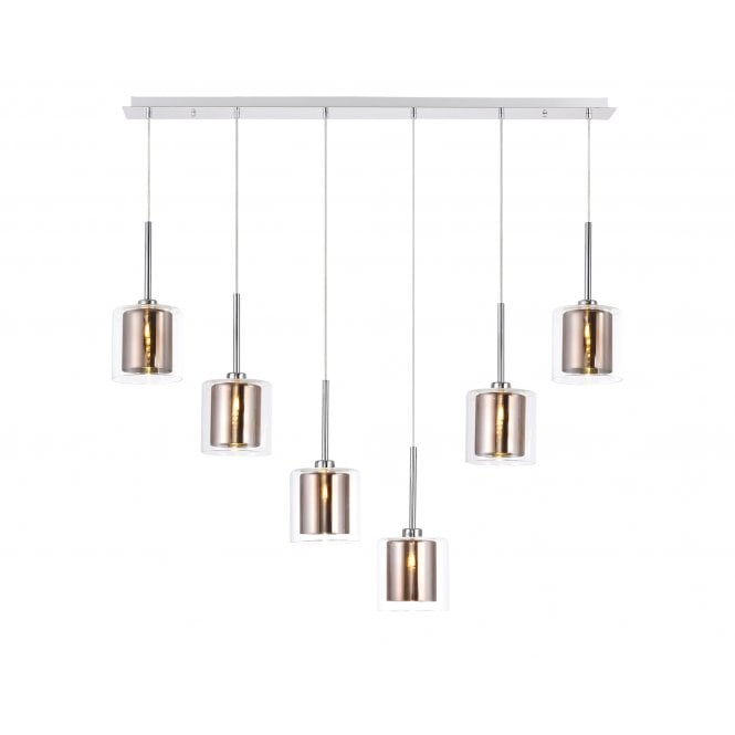 Fabula Fabula Tamworth 6 Light Linear Pendant - Medium Cylinder Shades with Clear Outer Glass - Polished Chrome, Copper & Clear Glass