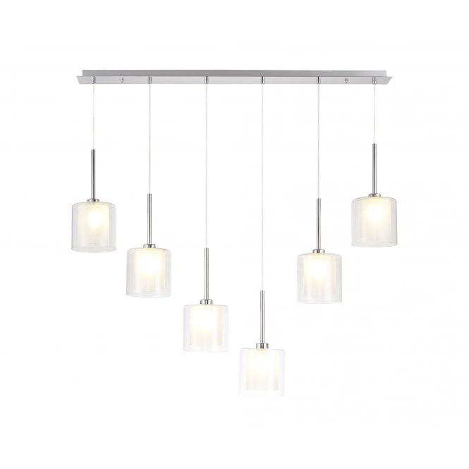 Fabula Fabula Tamworth 6 Light Linear Pendant - Medium Cylinder Shades with Clear Outer Glass - Polished Chrome, Frosted & Clear Glass