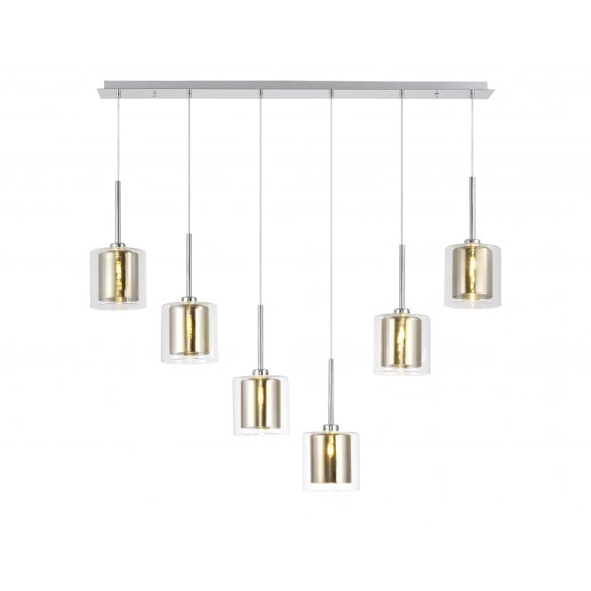 Fabula Fabula Tamworth 6 Light Linear Pendant - Medium Cylinder Shades with Clear Outer Glass - Polished Chrome, Gold & Clear Glass