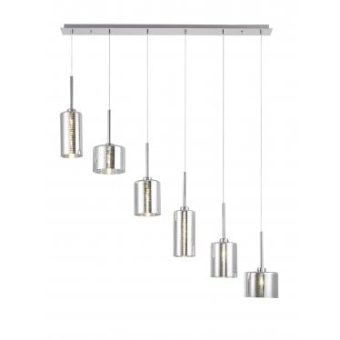 Tamworth 6 Light Linear Pendant - Mixed Cylinder Shades - Polished Chrome & Chrome Lined Glass