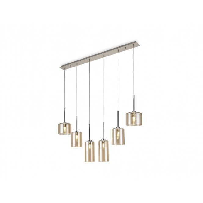 Fabula Fabula Tamworth 6 Light Linear Pendant - Mixed Cylinder Shades - Polished Chrome & Cognac Glass