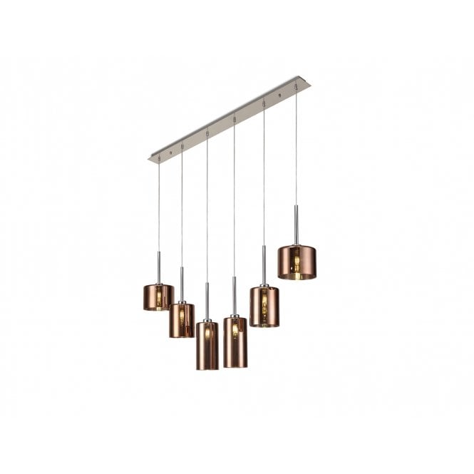 Fabula Fabula Tamworth 6 Light Linear Pendant - Mixed Cylinder Shades - Polished Chrome & Copper Glass