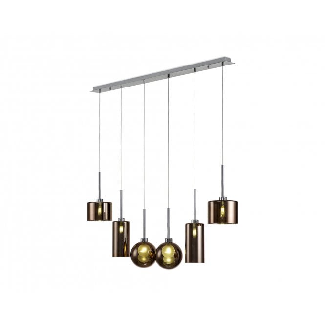 Fabula Fabula Tamworth 6 Light Linear Pendant - Mixed Shades E - Polished Chrome, Copper & Frosted Glass