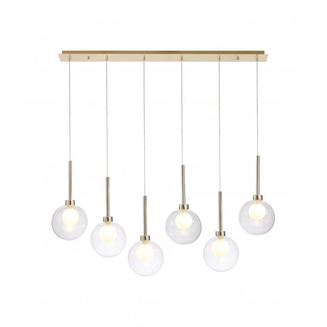 Fabula Fabula Tamworth 6 Light Linear Pendant - Round Shades with Inner Frosted Globes - French Gold, Clear & Frosted Glass