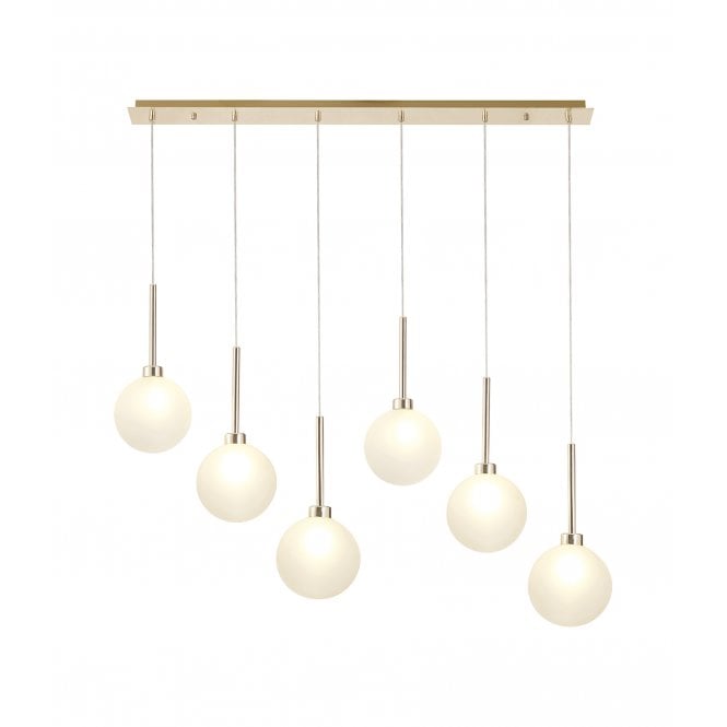 Fabula Fabula Tamworth 6 Light Linear Pendant - Round Shades with Inner Frosted Globes - French Gold & Frosted Glass