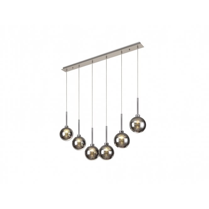 Fabula Fabula Tamworth 6 Light Linear Pendant - Round Shades with Inner Frosted Globes - Polished Chrome, Chrome & Frosted Glass