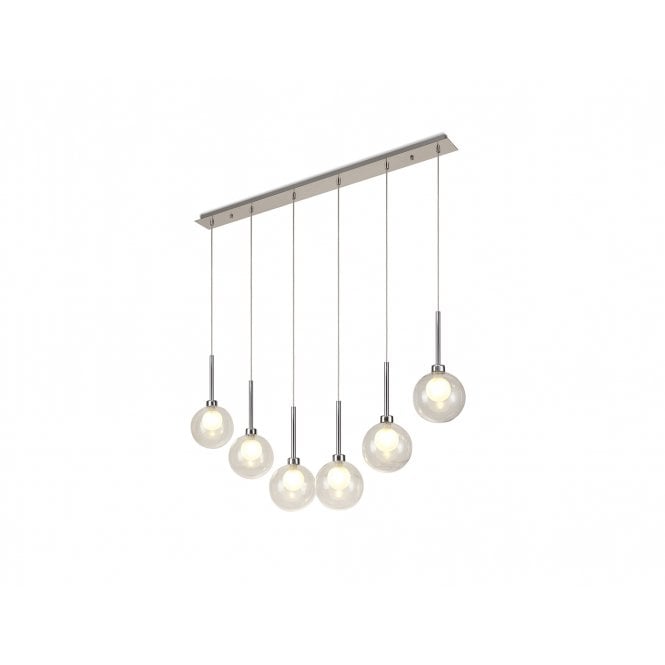 Fabula Fabula Tamworth 6 Light Linear Pendant - Round Shades with Inner Frosted Globes - Polished Chrome, Clear & Frosted Glass