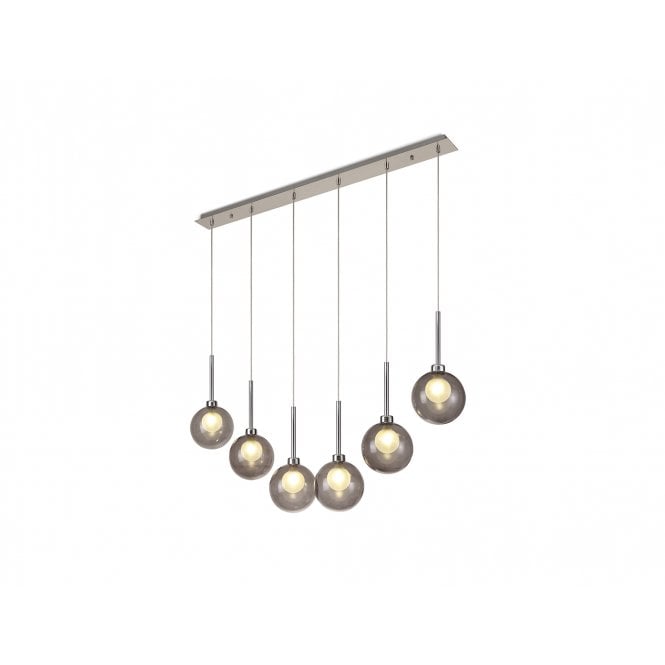 Fabula Fabula Tamworth 6 Light Linear Pendant - Round Shades with Inner Frosted Globes - Polished Chrome, Smoked & Frosted Glass