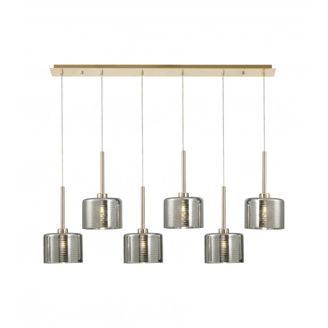 Fabula Fabula Tamworth 6 Light Linear Pendant - Short Cylinder Shades - French Gold & Chrome Lined Glass