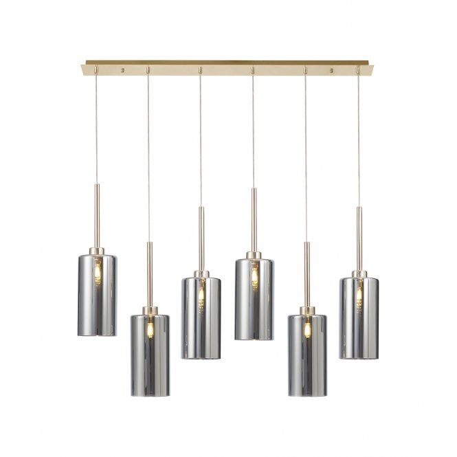 Fabula Fabula Tamworth 6 Light Linear Pendant - Tall Cylinder Shades - French Gold & Chrome Glass