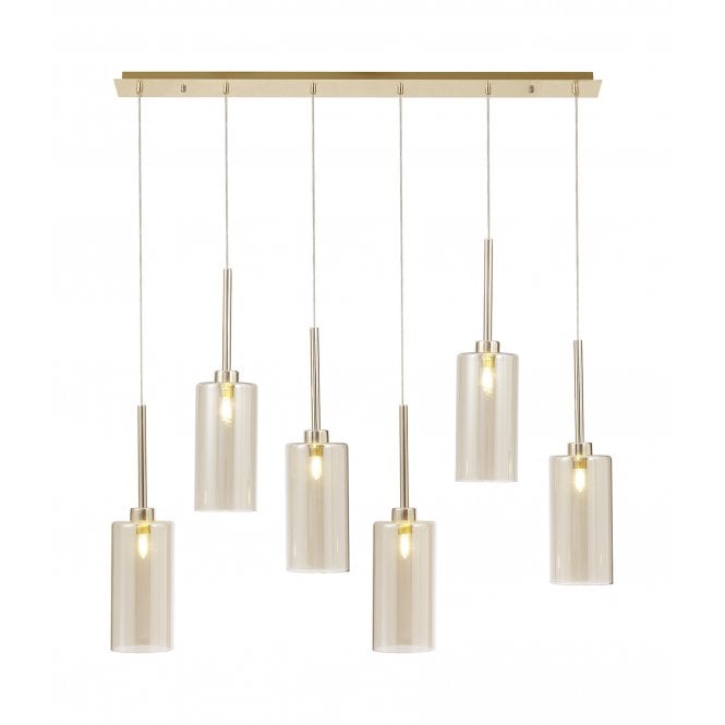 Fabula Fabula Tamworth 6 Light Linear Pendant - Tall Cylinder Shades - French Gold & Cognac Glass