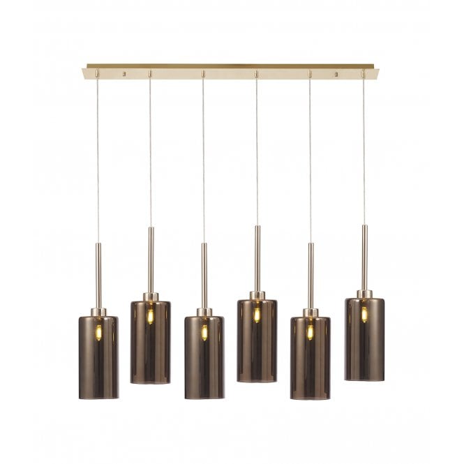 Fabula Fabula Tamworth 6 Light Linear Pendant - Tall Cylinder Shades - French Gold & Copper Glass