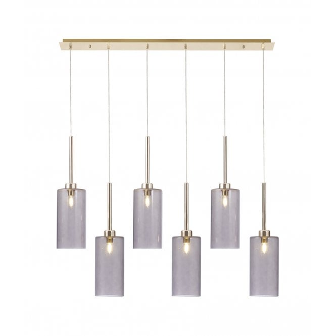 Fabula Fabula Tamworth 6 Light Linear Pendant - Tall Cylinder Shades - French Gold & Smoked Glass